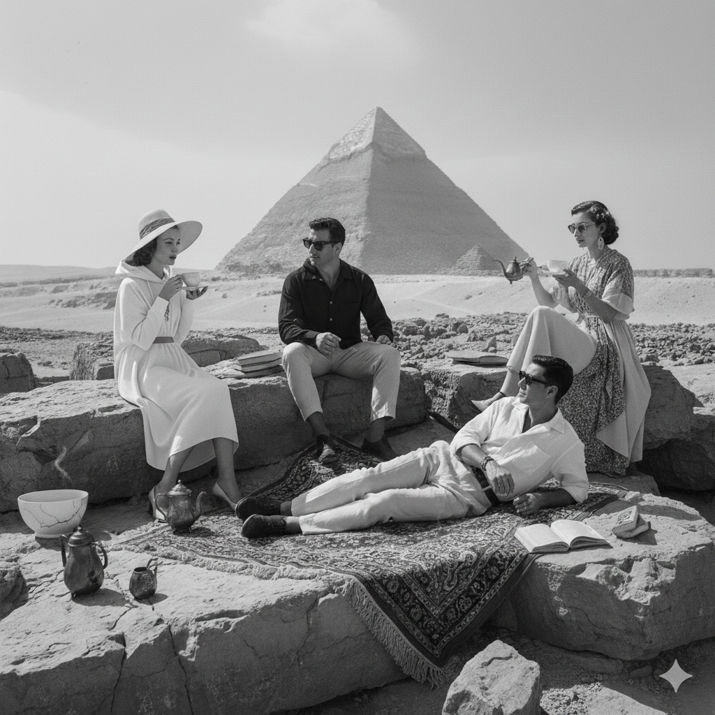 Travelers relaxing with a view of the Great Pyramid of Giza
